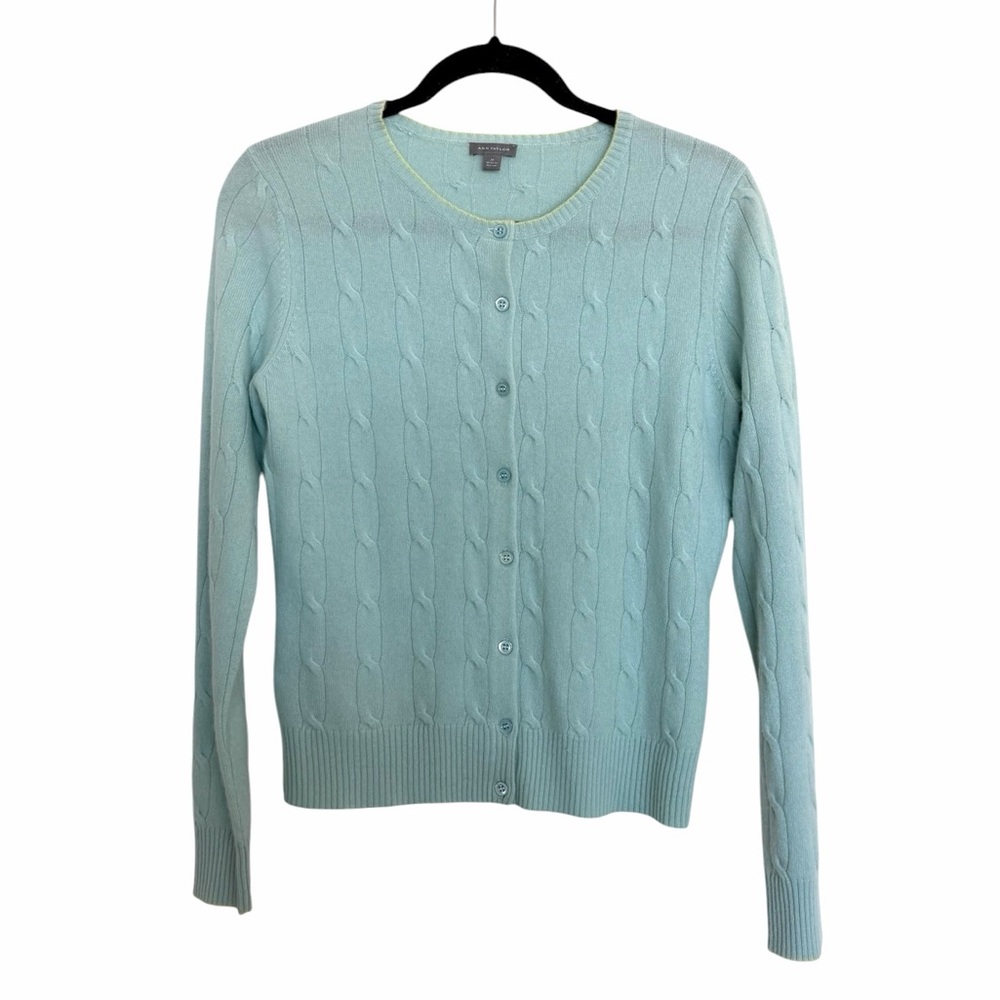 Ann Taylor Cashmere Light Blue Cable Knit Button Up Cardigan Sweater